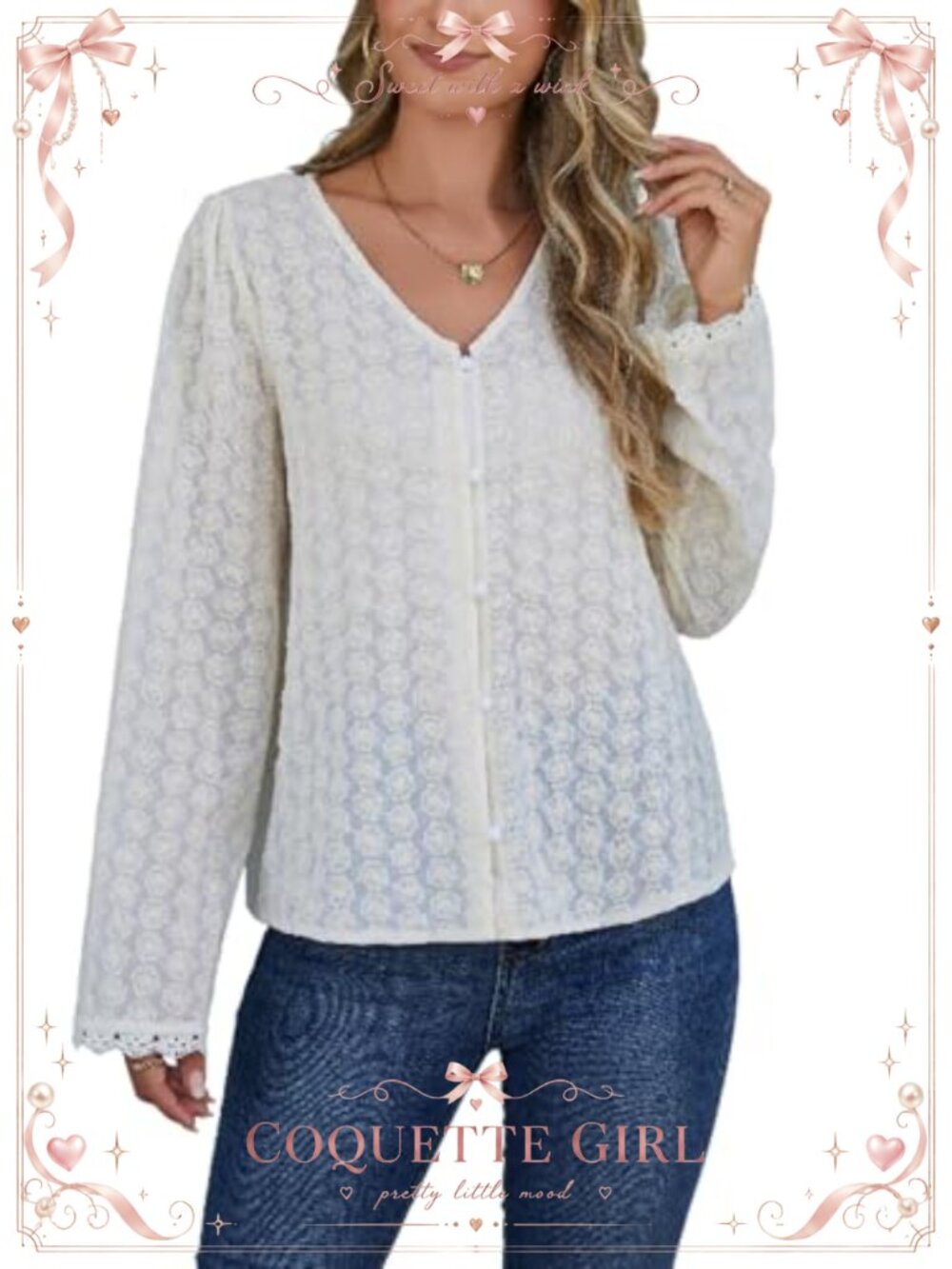 Womens Eyelet Button Down V-Neck Long Sleeve Blouse Chic Fall Top